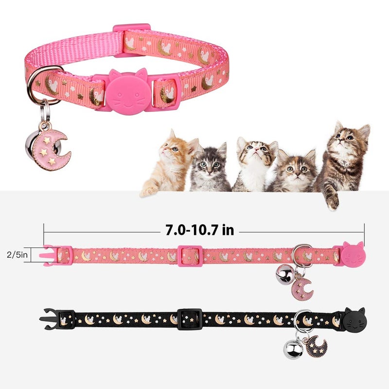Baeuppit 2Pcs Breakaway Cats Collars Cat Collars for Boy & Girl Cats Moons Adjustable Kitten Collars with Bell & Pendant Glow in The Dark,Black+Pink - Image 3